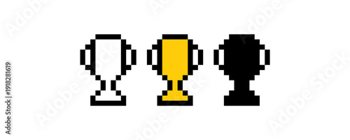 Pixel Trophy Cup Gold and Black Vector Icon Set
