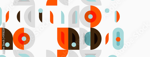 Abstract geometric pattern. Circles, rectangles, lines create midcentury modern aesthetic. Light background enhances shapes.