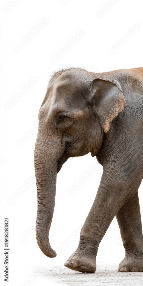 Obraz premium Asian elephant walking gracefully on white background