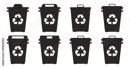 Collection of eight black recycling bin icons with white symbols, featuring various lid styles for waste disposal, sustainable sorting, and ecological conservation.