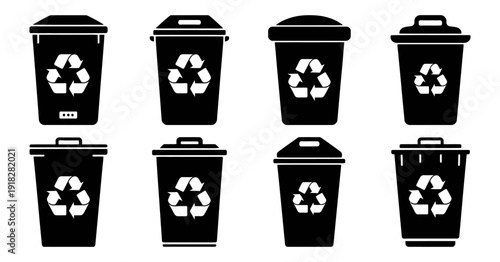 Collection of eight black recycling bin icons with white symbols, featuring various lid styles for waste disposal, sustainable sorting, and ecological conservation.
