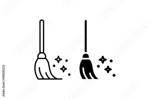 Cleaning Broom Sparkle Outline and Solid Vector Icon Set
