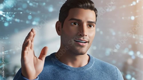 A friendly digital man in a blue sweater smiles with abstract light particles.
