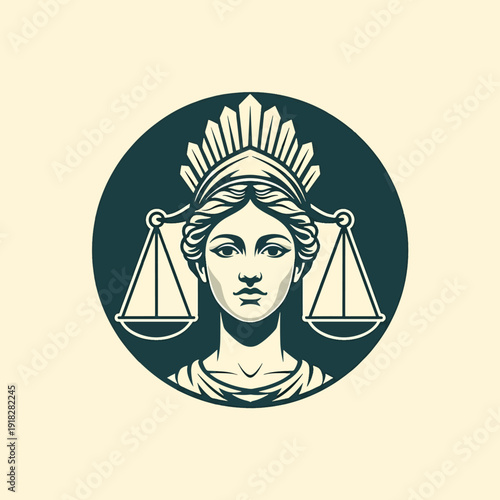 Stylized Graphic Emblem of Justice Goddess with Scales Representing Law and Fairness