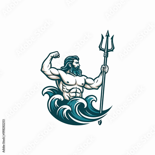 Strong sea deity mascot illustration emerging from ocean waves, flexing arm with trident.