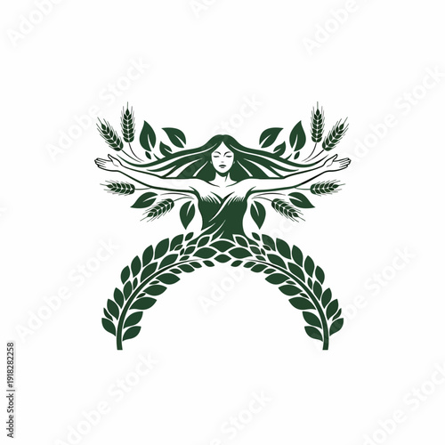 Stylized woman of nature, adorned with wheat and leaves, symbolizing organic growth, vector art.