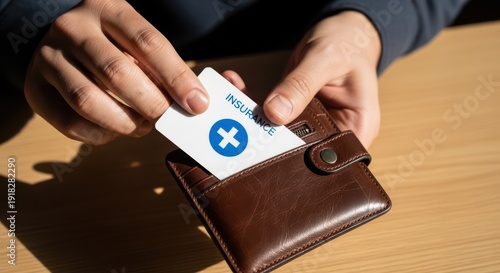 Person pulling insurance card from brown leather wallet