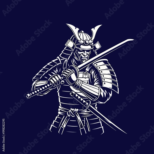Powerful Samurai Warrior Illustration Wielding Dual Swords in Dynamic Combat Pose