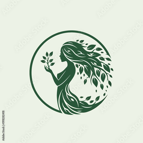 Organic Circle Frame Illustration of Nature Spirit Woman Nurturing Growth