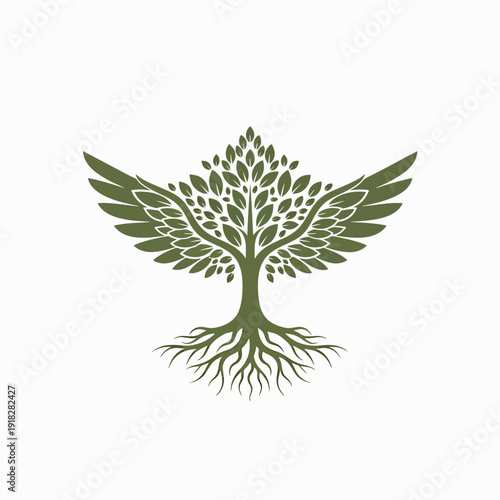Stylized winged tree illustration with strong roots, symbolizing growth, freedom, and life's enduring strength.