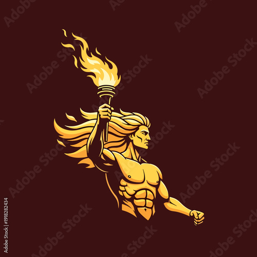 Powerful godlike figure with flowing hair holding an illuminating torch, dynamic vector art.