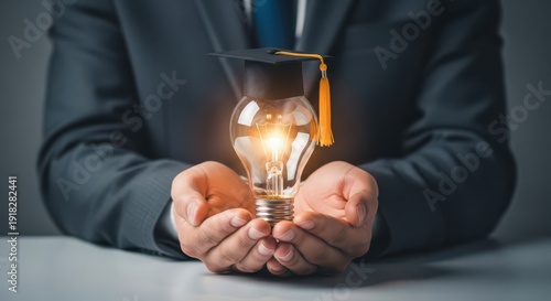 Businessman Holding Graduation Cap Light Bulb