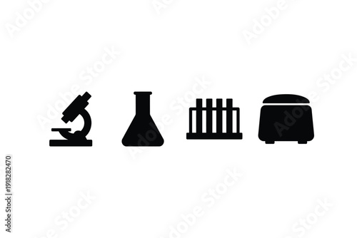 Laboratory Equipment Icons Set Including Microscope, Flask, Cage and and Autoclave