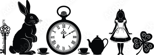 Detailed black silhouette collection of classic Alice in Wonderland story elements featuring a rabbit pocket watch teapot and young girl.