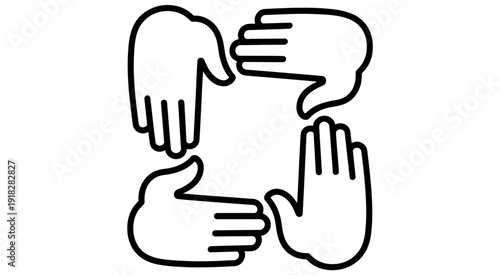 Four diverse hands forming a square frame, symbolizing professional teamwork, collective strength, successful partnership, and a unified vision for business growth.