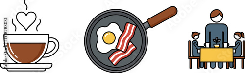 Morning meal icons: coffee, fried egg with bacon, and family breakfast