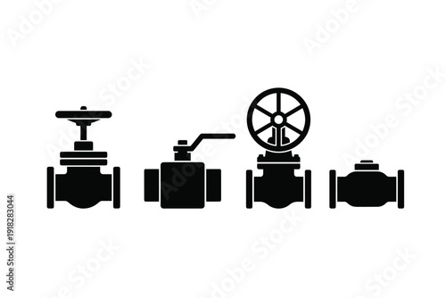 Industrial Valves Silhouette Set on White Background