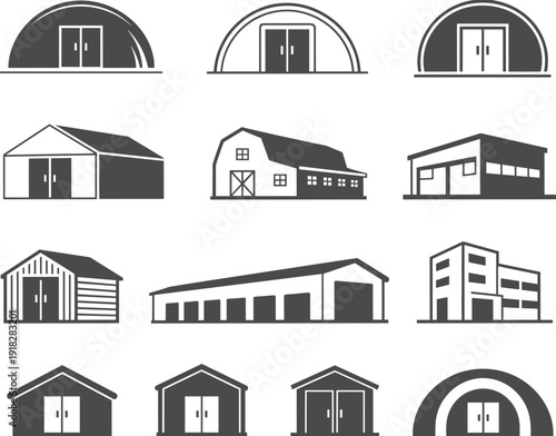 Warehouse and barn icon collection, storage shed vector illustration, industrial building set, modern agriculture structure symbols, editable silhouette pack