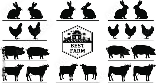 Collection of black domestic farm animal silhouettes featuring cows pigs chickens and rabbits with a central best farm logo badge.