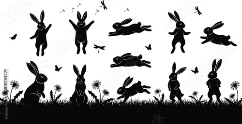 Joyful spring nature scene silhouette featuring playful black rabbits jumping and running among dandelions and flying butterflies on white background.