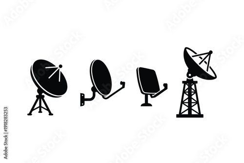 Satellite Dishes and Antennas on Towers Isolated on White Background