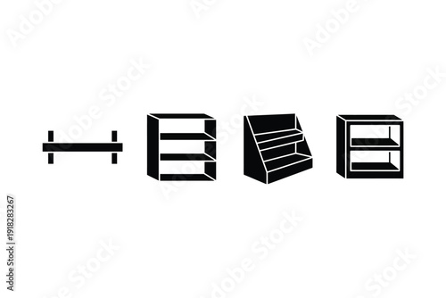 Black Minimalist Store Shelves Display Racks Isolated on White Background