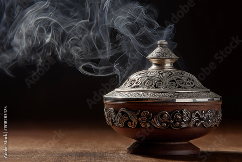 Luxury incense burner with smoke, traditional silver censer for oud and bakhoor aromatherap