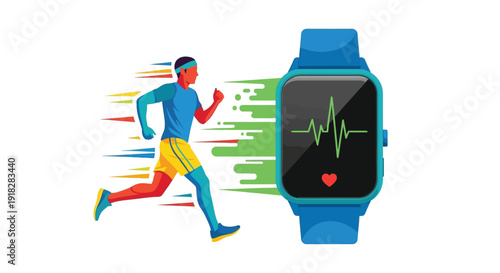 Runner tracking heart rate activity on a modern smartwatch during intense physical training exercise