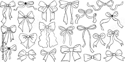 Trendy Hand Drawn Bow Doodle Set. Cute Ribbon Sketch Collection, Coquette Aesthetic Vector Elements