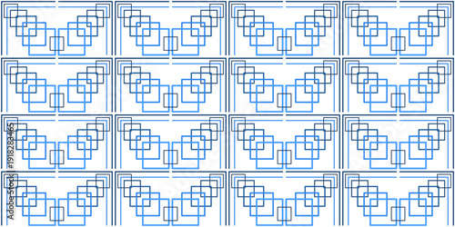 Geometric pattern of silhouettes squares in shades of blue. Blue lines on white background. Intersecting squares and lines. Minimalistic recurring ornament. Monochrome blue decor