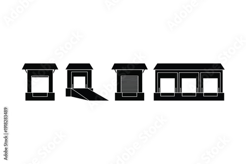 Black Minimalist Storefronts with Various Window Configurations Isolated on White Background