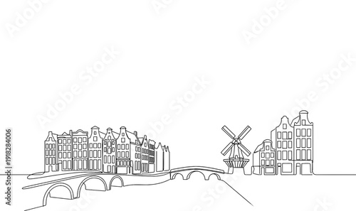 Amsterdam Netherlands City Skyline Monoline Vector Background