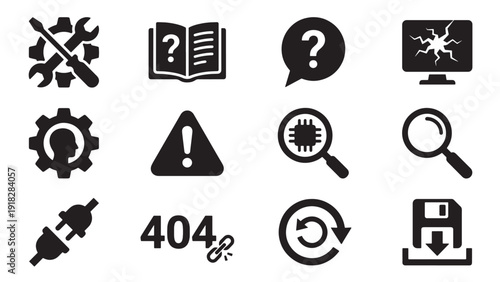Technical Error and System Troubleshooting Icon Set for IT Support, Bug Fixing and Software Maintenance Solutions