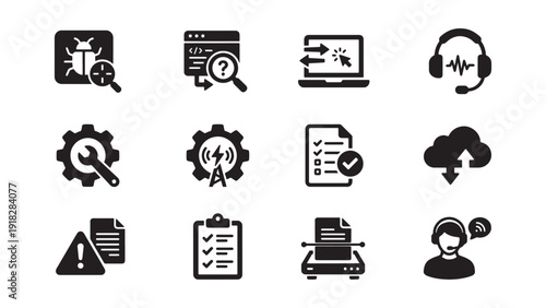  Technical Support and IT Troubleshooting Icon Set for Software Debugging, Help Desk and Cloud Service Management