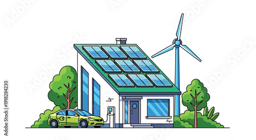 Illustration of a modern sustainable home utilizing solar panels wind turbine and electric vehicle charging station