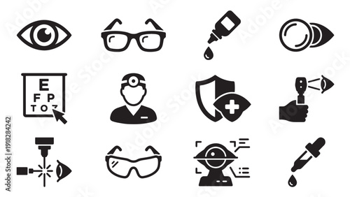 Eye Care and Vision Health Icon Set for Ophthalmology, Optical Treatment and Medical Clinic Applications