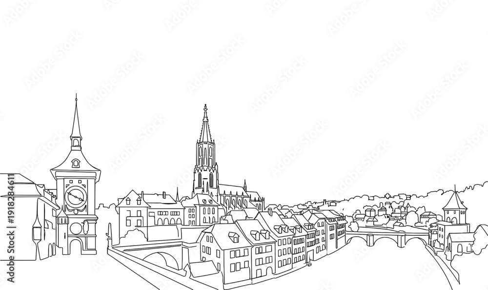 Obraz premium Bern Switzerland City Skyline Monoline Vector Background