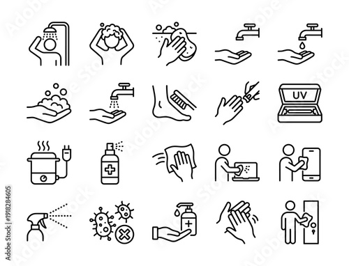 Hygiene and disinfection icon set for infection control