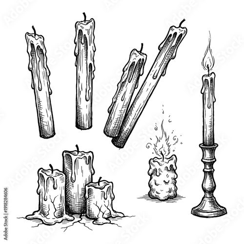 Burning candle set with melting wax and candlestick