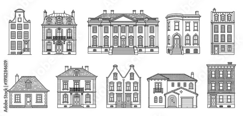European house facade set with manor and townhouse