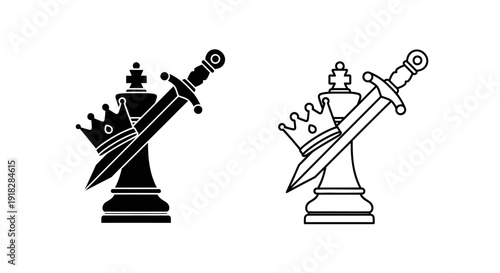 Chess pieces with swords in black and white, chess knight with sword, chess set Vector
