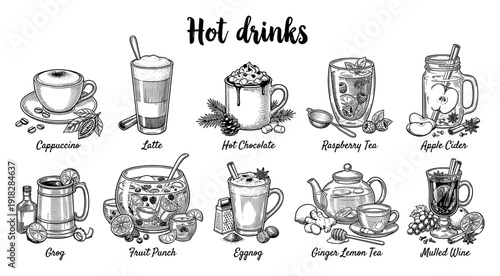 Hot drink collection with cappuccino latte and mulled wine