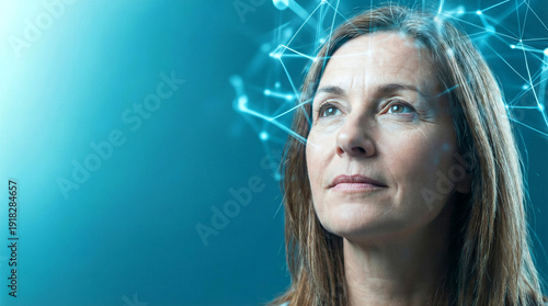 Middle-aged woman with digital neural network overlay around her head. Concept of artificial intelligence and cognitive computing.