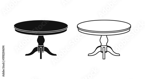 Two round tables with tripod bases, minimalist design, modern furniture, black and white Vector