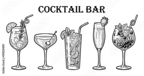 Cocktail bar drink set with mojito margarita and spritz