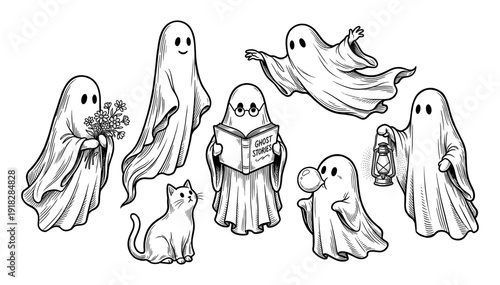 Cute ghost set with cat and book in engraving style