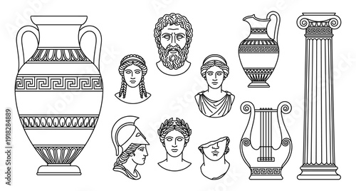 Ancient Greek set with amphora column and head bust