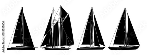 Sailing boat and yacht silhouette collection with schooner