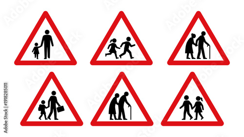 Pedestrian road sign set with children and elderly people