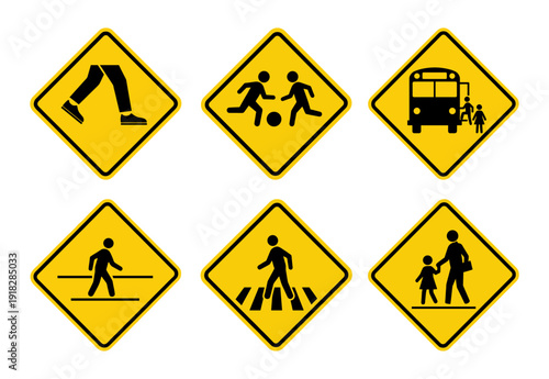 Free Download Yellow road sign set with pedestrian and school bus - GFXLoad